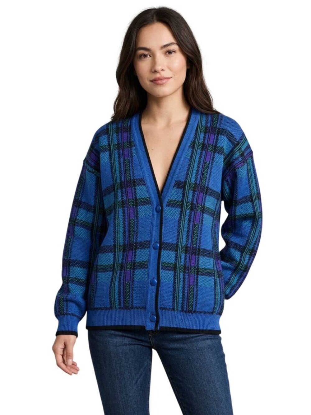 Pendleton Women's Vintage Blue/Purple Plaid Pure Virgin Wool Cardigan Size Small